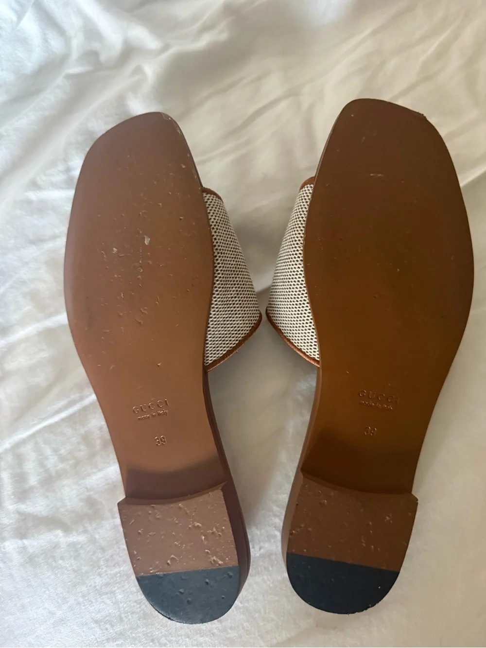 Gucci Brown Leather Logo Slide Sandals with Woven Upper - Picture 5 of 11